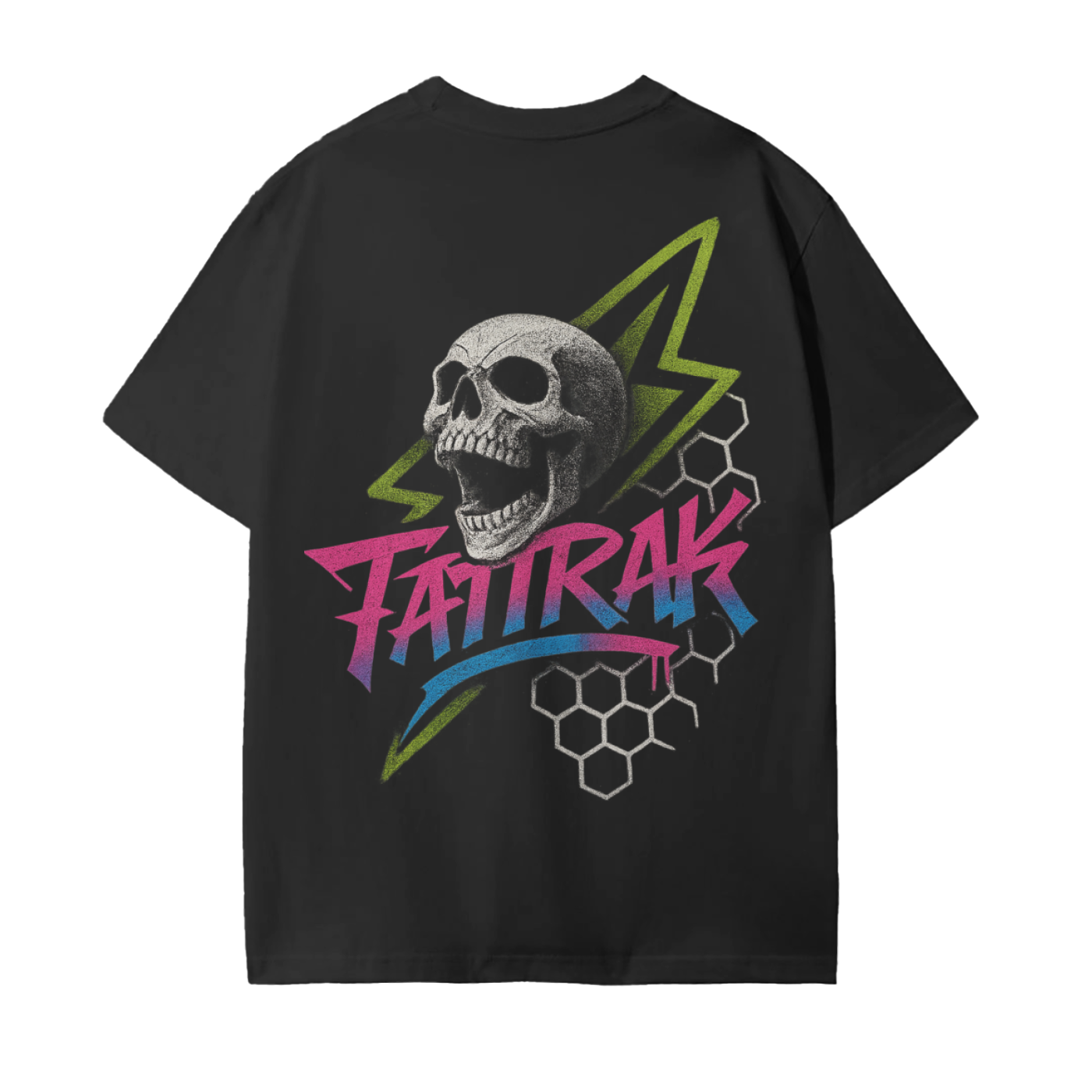 Black t-shirt with a skull and colorful 'FATRAK' logo on a white background